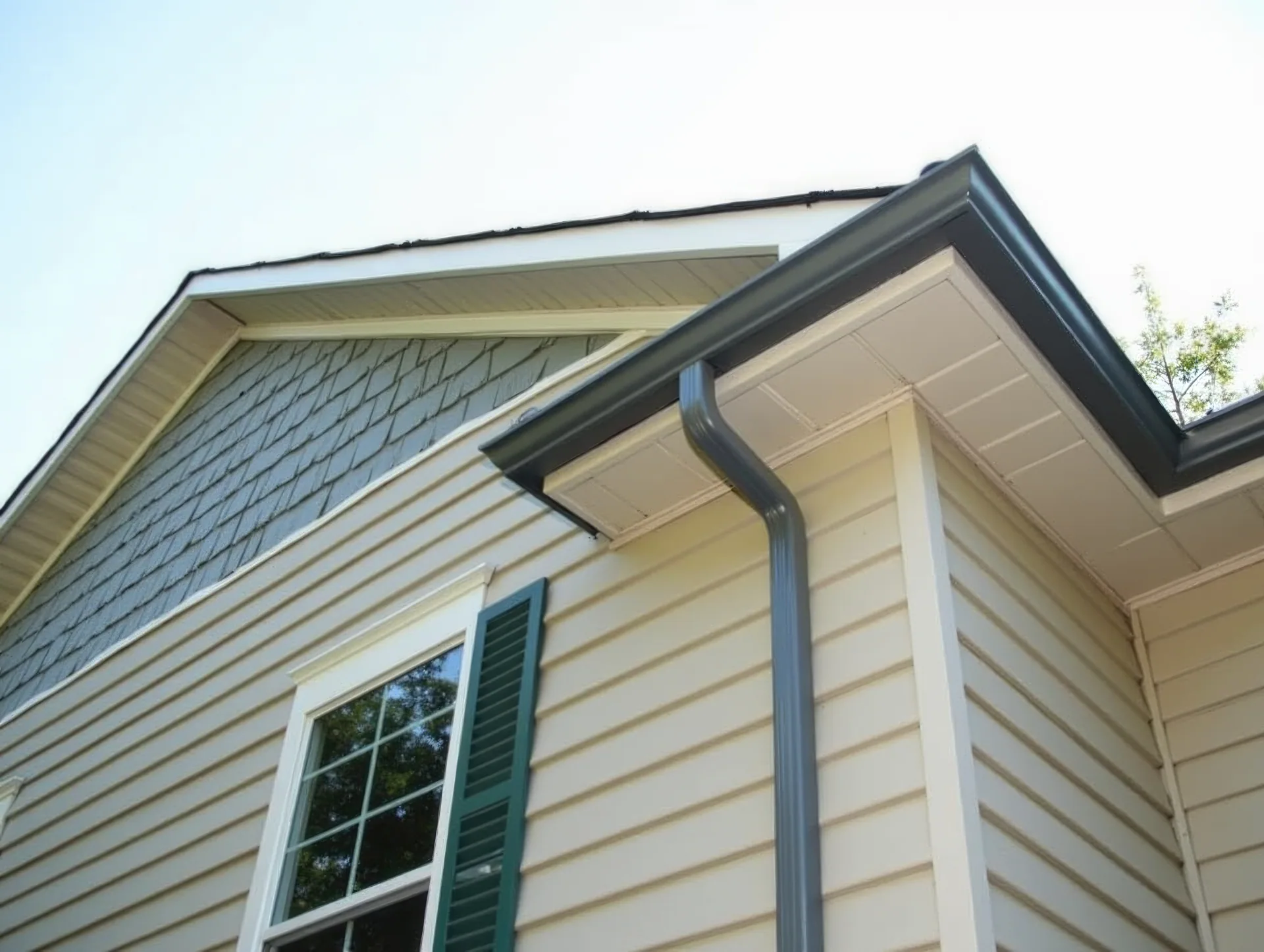 Dark gray gutter downspout vinyl siding home, Sanford